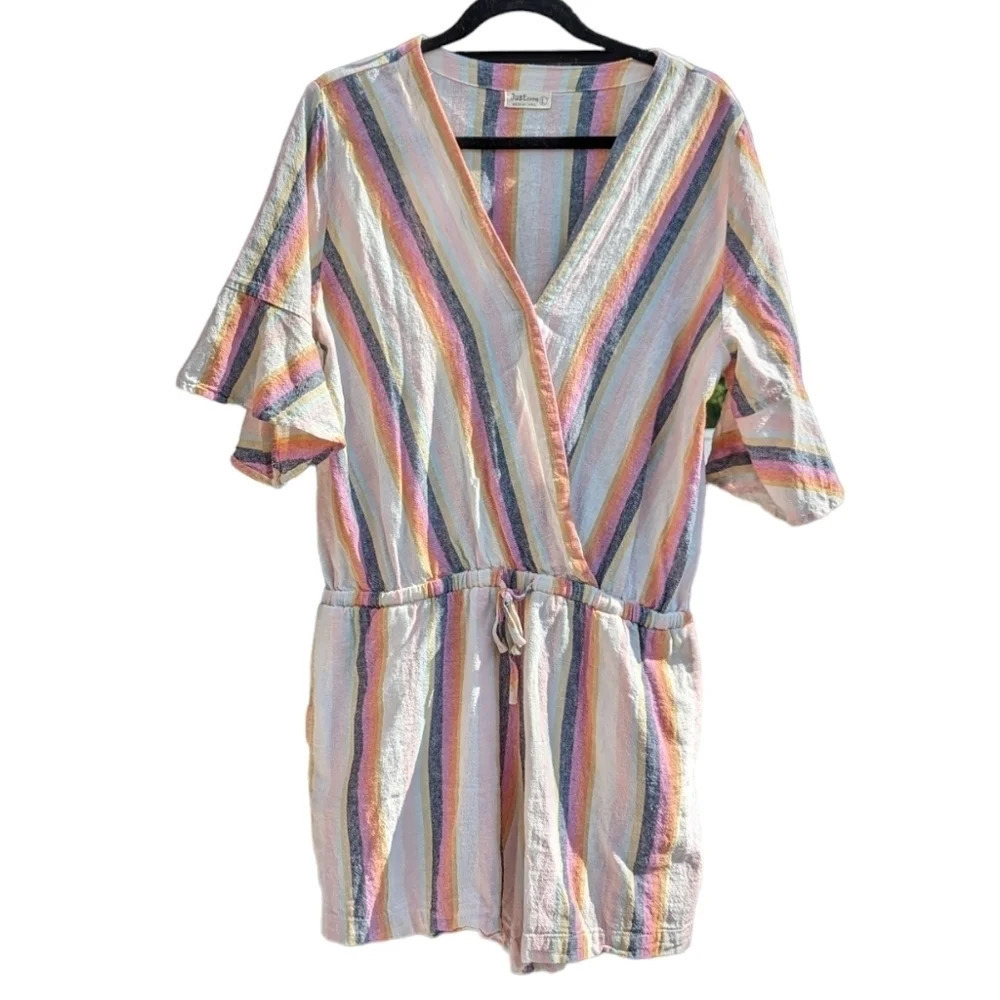 Just Living Linen Cotton Blend Colourful  Stripe Short Romper Woman's Large Boho